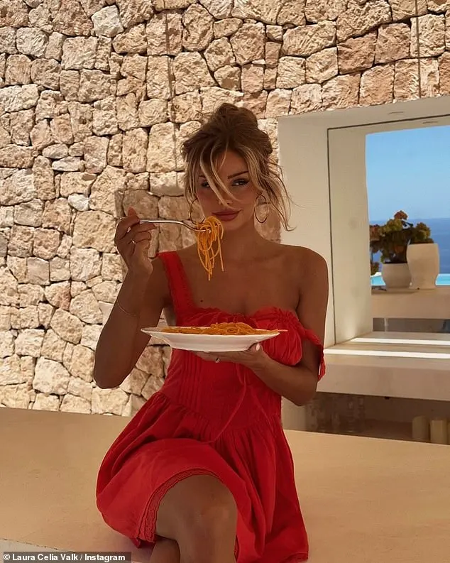 The playful pictures, shared a couple of days before England's next Euros clash again Slovinia, show the blonde beauty enjoying a plate of spaghetti