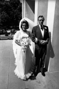 4th July 1973: Camilla Shand arrives at the Guard's Chapel for her wedding to Andrew Parker-Bowles, on the arm of her father Major Bruce Shand. (Photo by Frank Barratt/Keystone/Getty Images)