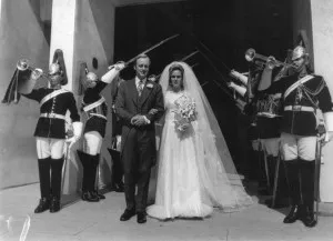 4th July 1973: The wedding of Andrew Parker-Bowles and Camilla Shand at the Guard's Chapel, London, with members of the Horseguards present. (Photo by Frank Barratt/Keystone/Getty Images)