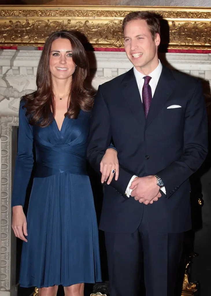 Prince William and Kate Middleton pose for engagement photographs in the State Apartments of St James Palace on November 16, 2010 in London, England.