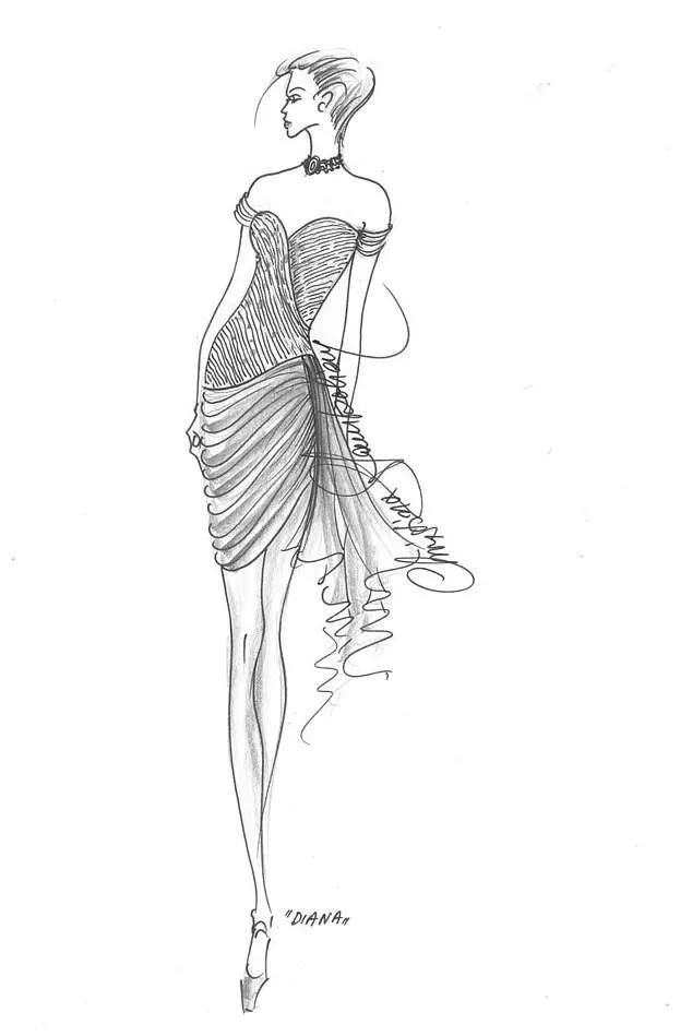 The sketch of Princess Diana's revenge dress by Christina Stambolian taken from the book Diana: A Life in Dresses by Claudia Joseph