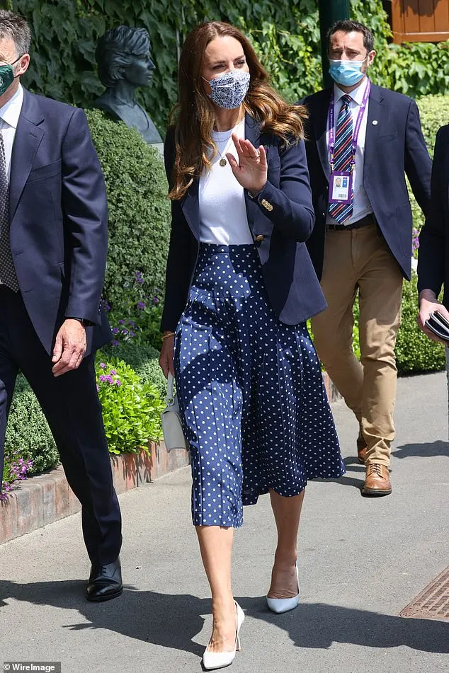 After the finals were postponed in 2020, Kate enjoyed a delightful return to Wimbledon. Eschewing her usual attire, the royal opted for a smart Smythe blazer and polka dot skirt by Alessandra Rich on day four of the championships