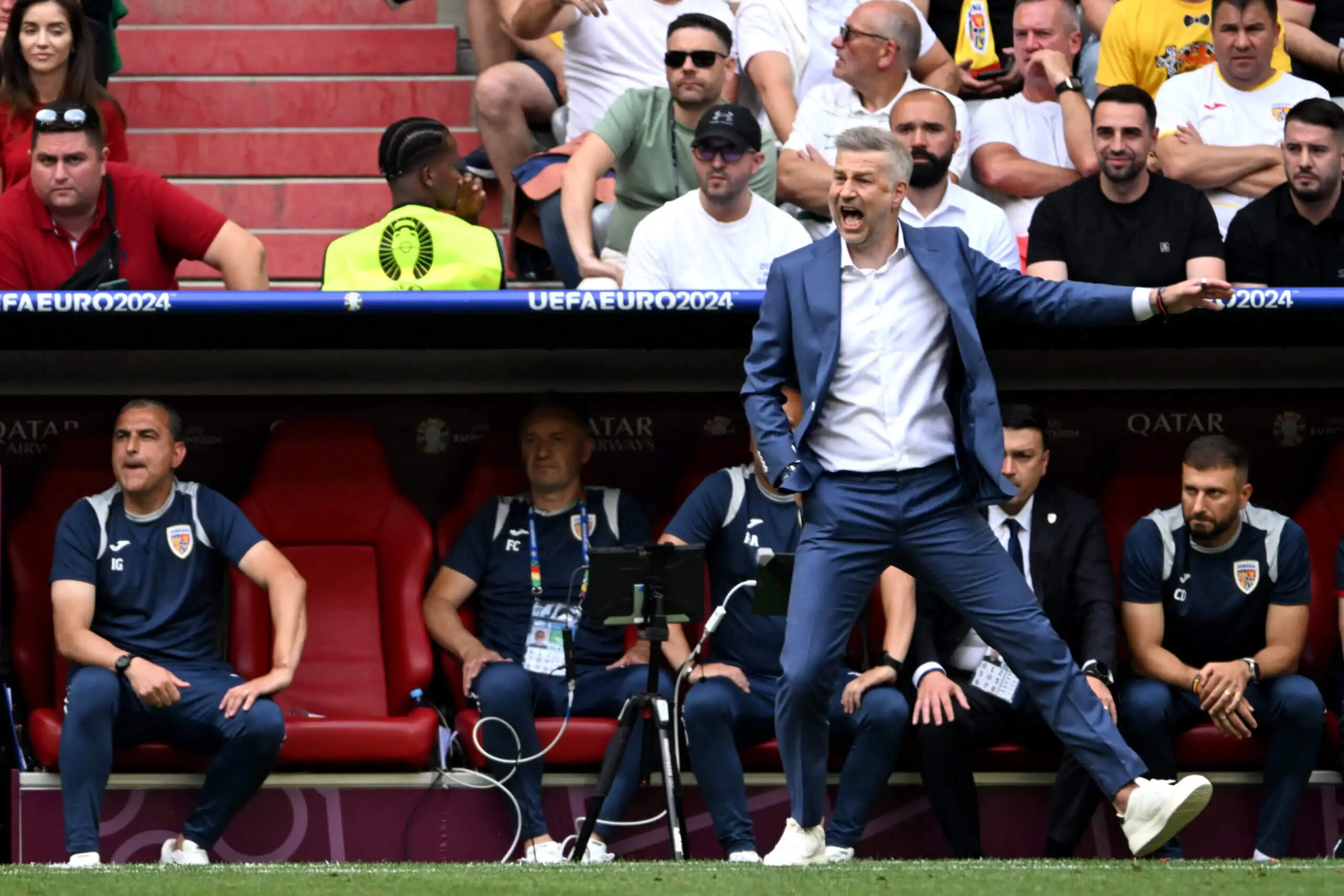 Romania's head coach Edward Iordanescu shouts instructions