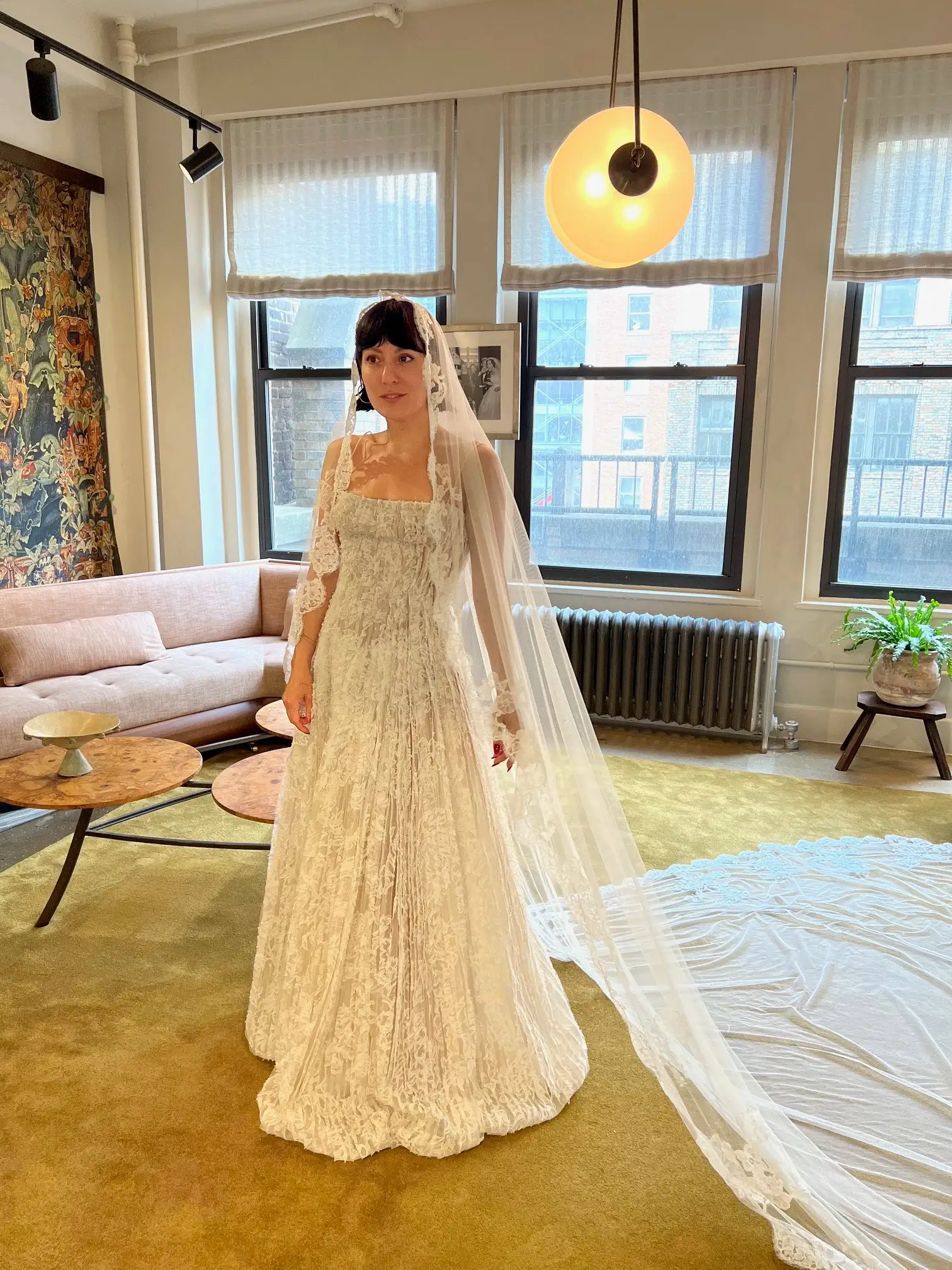 Image may contain Clothing Dress Fashion Formal Wear Gown Wedding Wedding Gown Plant Lamp Adult and Person