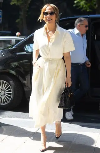 Jennifer Lopez wearing a fit-and-flare dress in Paris