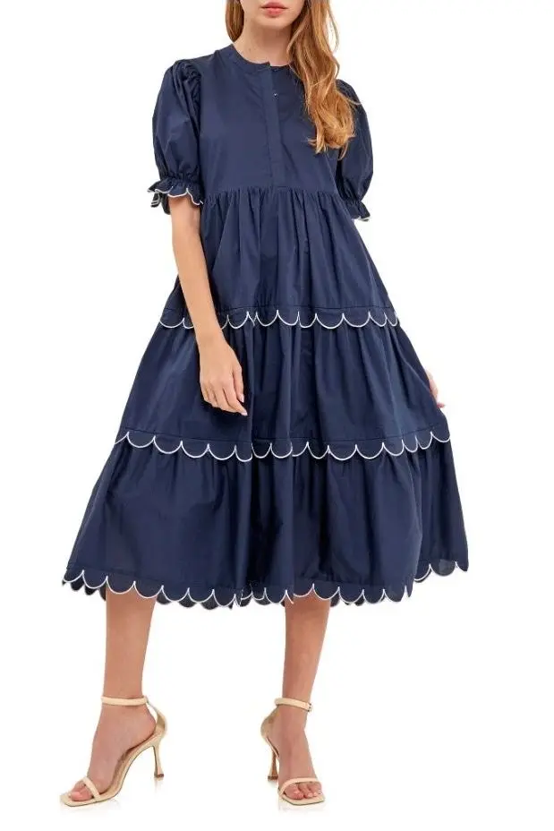 Contrast Scalloped Trim Cotton Midi Dress