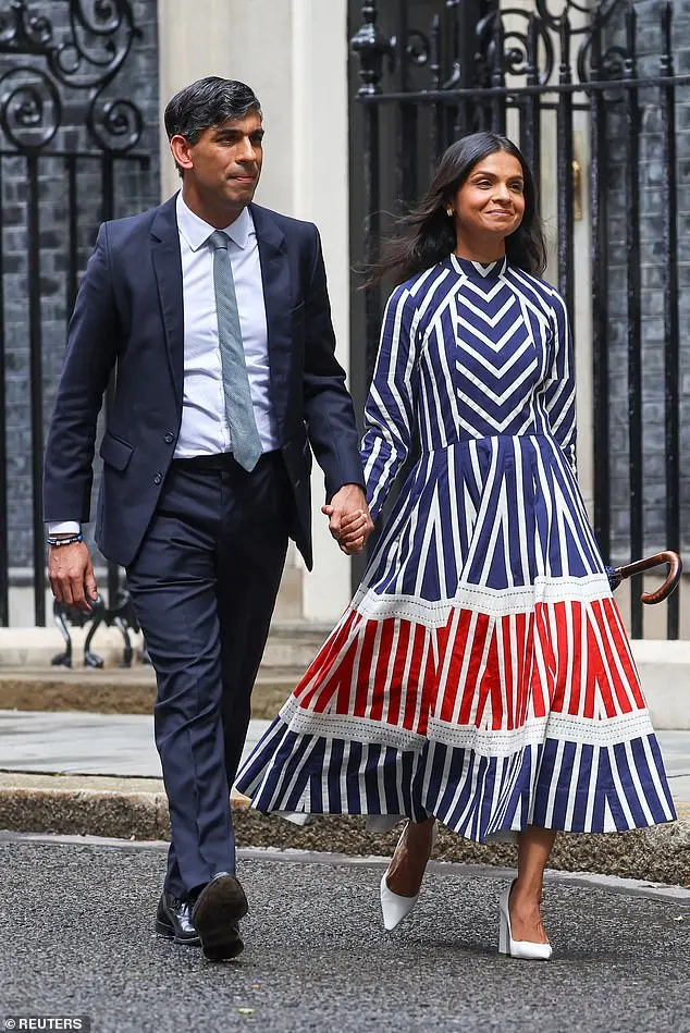 While Rishi Sunak looked subdued after delivering his final speech to the nation on the steps of Downing Street, his 44-year-old wife Akshata Murty wore a look of relief, alongside her £390 red, white and blue dress from ethical designer Omi Na Na