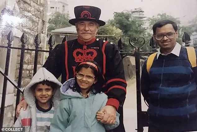 Akshata Murty grew up in a suburb of Bangalore with her parents and her brother Rohan (pictured with her father and brother on a trip to London in 1989)