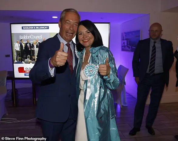 Nigel Farage and his French partner, fellow Eurosceptic Laure Ferrari, gave a thumbs up as they celebrated his win in Clacton last night