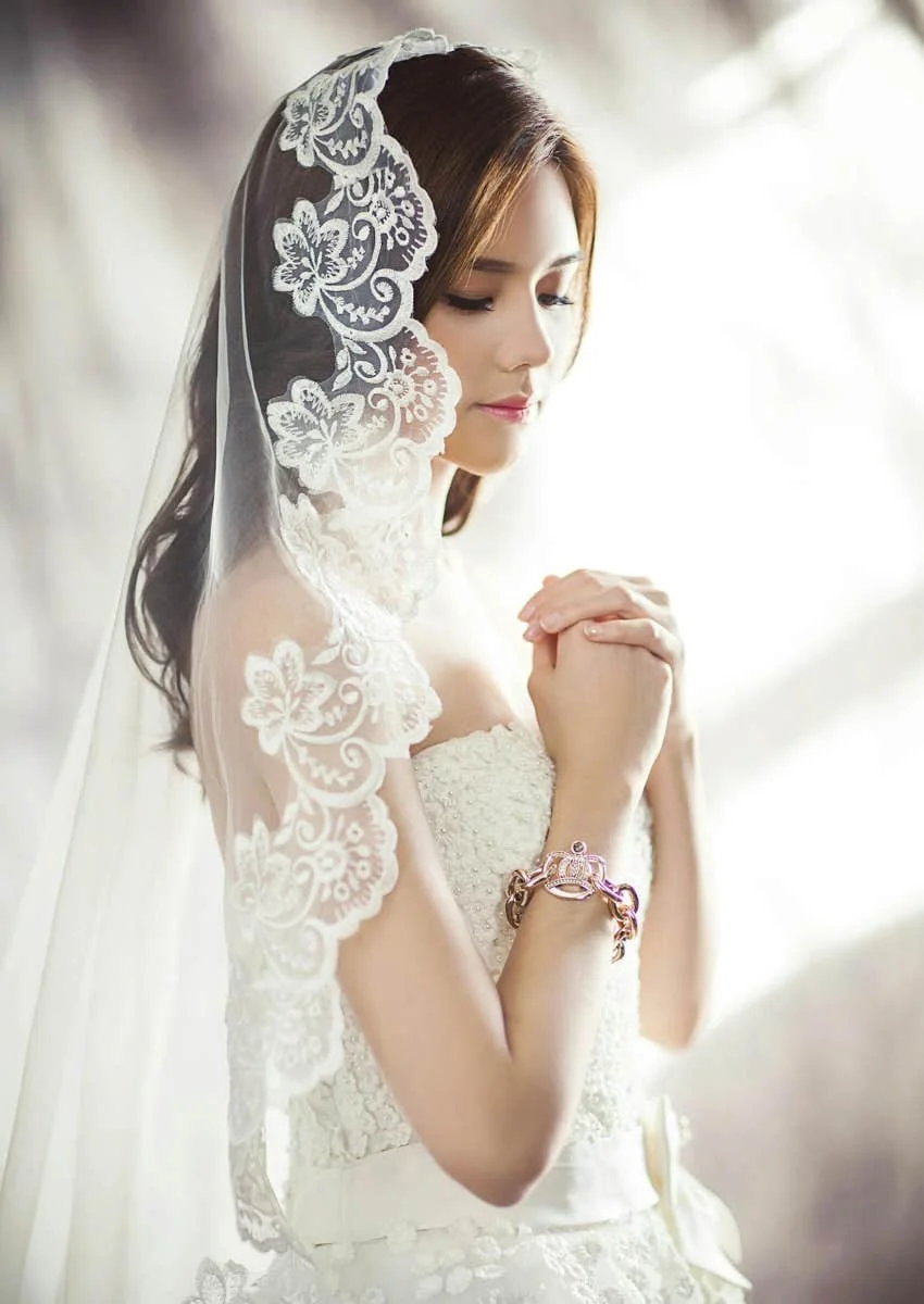 bride standing in wedding dress and veil