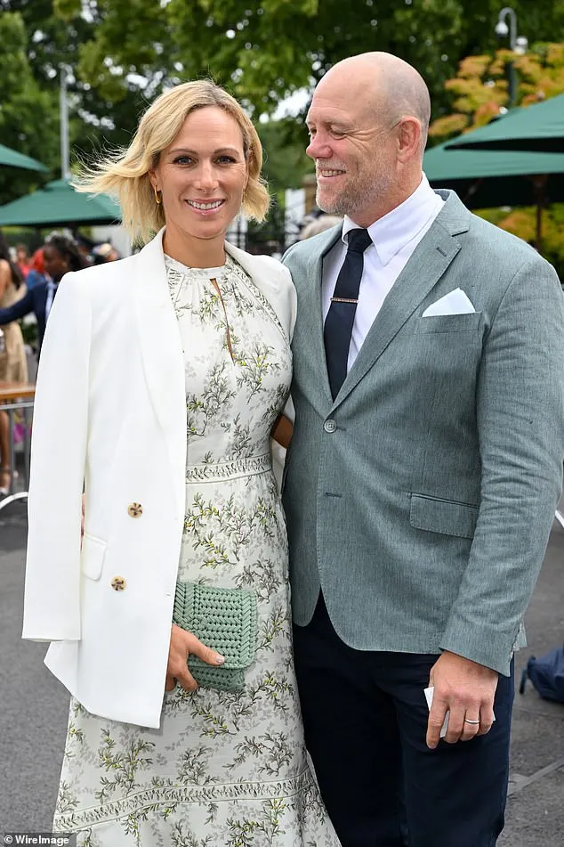 Princess Anne's daughter, dressed in a chic green-and-white floral midi dress, matched with a white blazer looked elegant on quarter finals day, with husband Mike donning a coordinating slate grey jacket