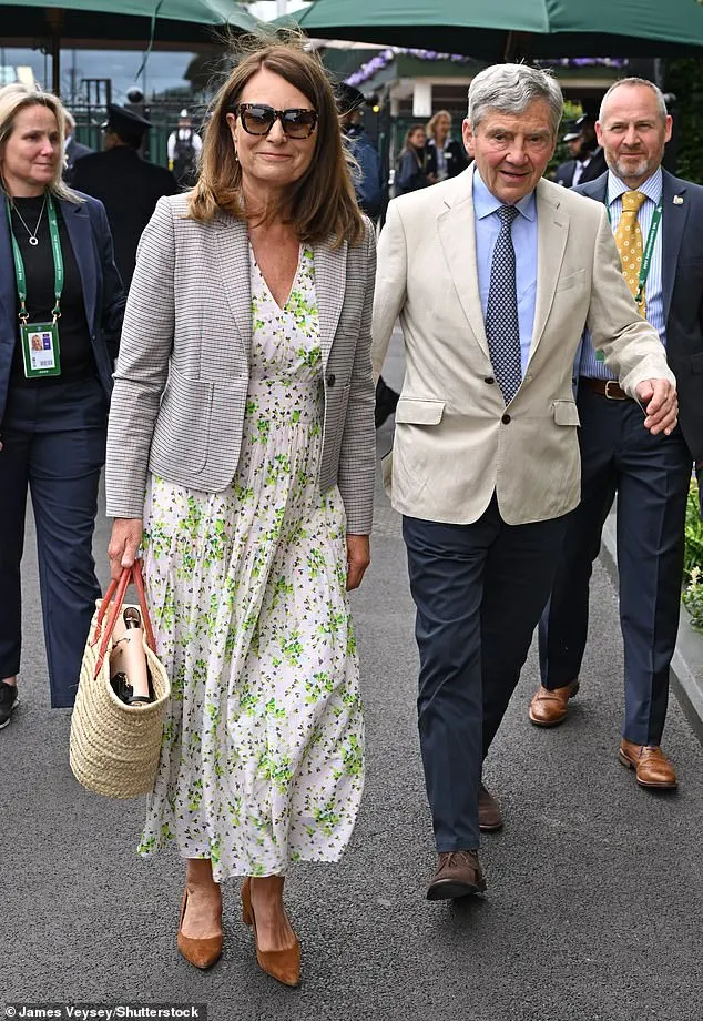 Carole Middleton and Michael Middleton were also seen arriving for day ten of the tournament, with the Princess of Wales mother cutting an elegant figure in a white floral dress with brown suede heels