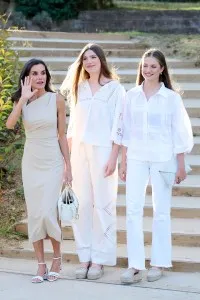 BARCELONA, SPAIN - JULY 09: (L-R) Queen Letizia of Spain, Princess Sofia of Spain and Crown Princess Leonor of Spain attend a meeting with winners of previous editions of the Princess of Girona Awards during the events of the XV anniversary of the Princess of Girona Foundation at the Melia Lloret de Mar Hotel on July 09, 2024 in Barcelona, Spain. (Photo by Carlos Alvarez/Getty Images)