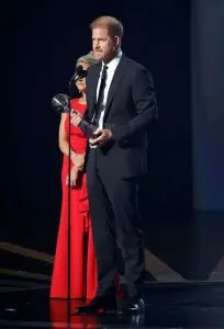 HOLLYWOOD, CALIFORNIA - JULY 11: Prince Harry, Duke of Sussex accepts the Pat Tillman Award onstage during the 2024 ESPY Awards at Dolby Theatre on July 11, 2024 in Hollywood, California. (Photo by Frazer Harrison/Getty Images)