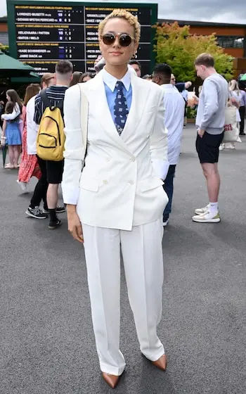 Actress Nathalie Emmanuel went for white at Wimbledon, and chose a double-breasted jacket