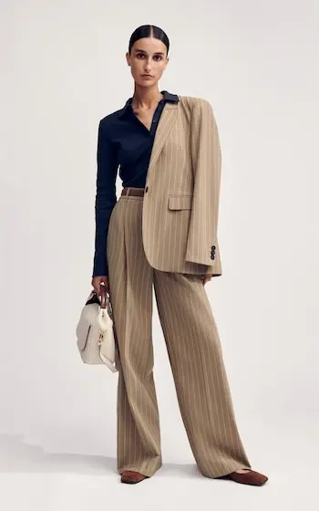 Me + Em's camel pinstripe suit