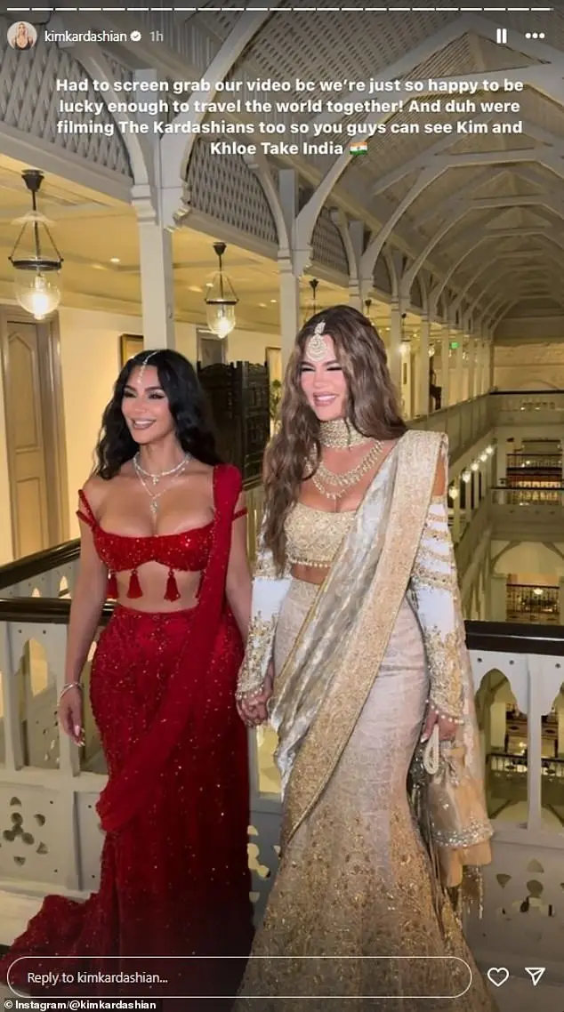 Her outfit was rather low key in comparison to the dazzling number she wore for Anant Ambani's wedding on Saturday (pictured with her sister Khloe)