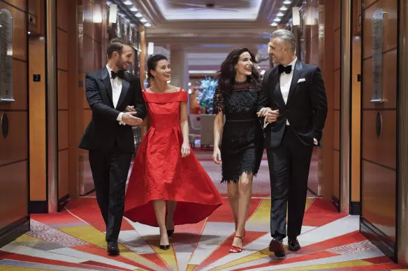 On table Cunard's cruise ships, people dress up for dinner night.