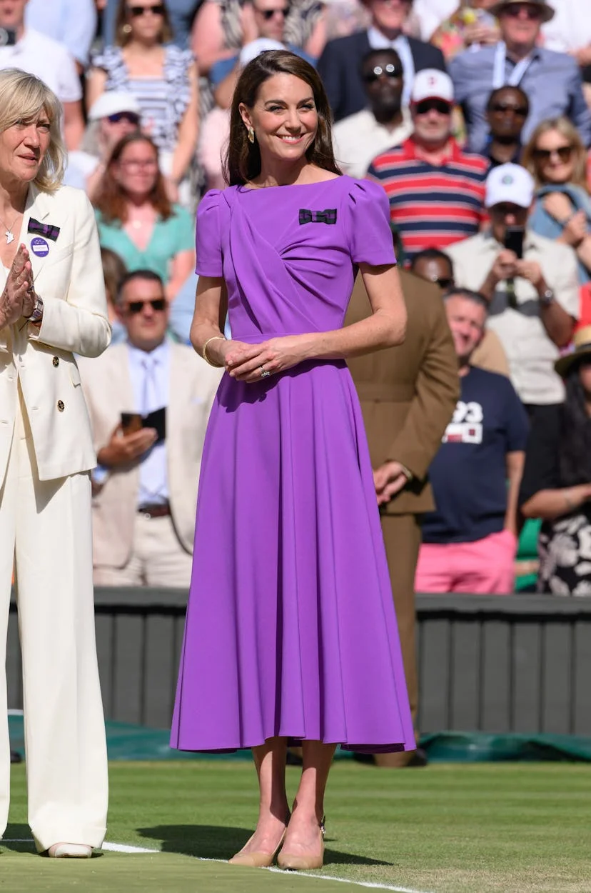 Kate Middleton wore a lilac dress during a public appearance at Wimbledon 2024.