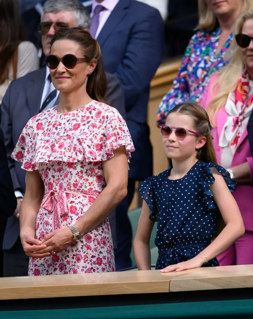 Pippa Middleton and Princess Charlotte of Wales court-side of Centre Court during the men's final on day fourteen of the Wimbledon Tennis Championships at the All England Lawn Tennis and Croquet Club on July 14, 2024 in London, England. (Photo by Karwai Tang/WireImage)