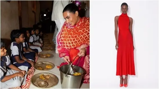 Kim Kardashian performs aarti and serves meals to children at the Mumbai ISKCON sanctuary.