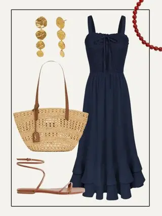 Collage of Dress, earrings, basket bag, sandals, red bead necklace