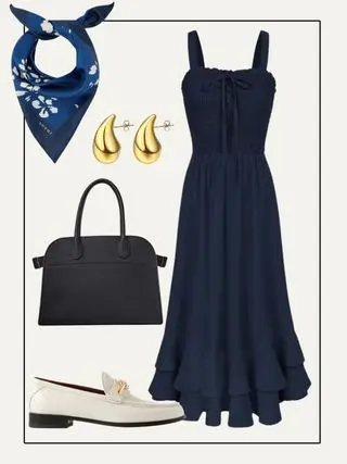 Collage of scarf, earrings, dress, bag, loafers