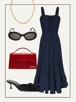 Collage of dress, red bag, sunglasses, mules and gold necklace