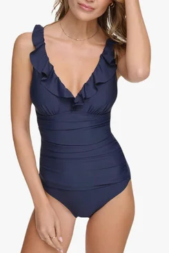 DKNY One Piece Ruffle V-Neck Bathing Suit