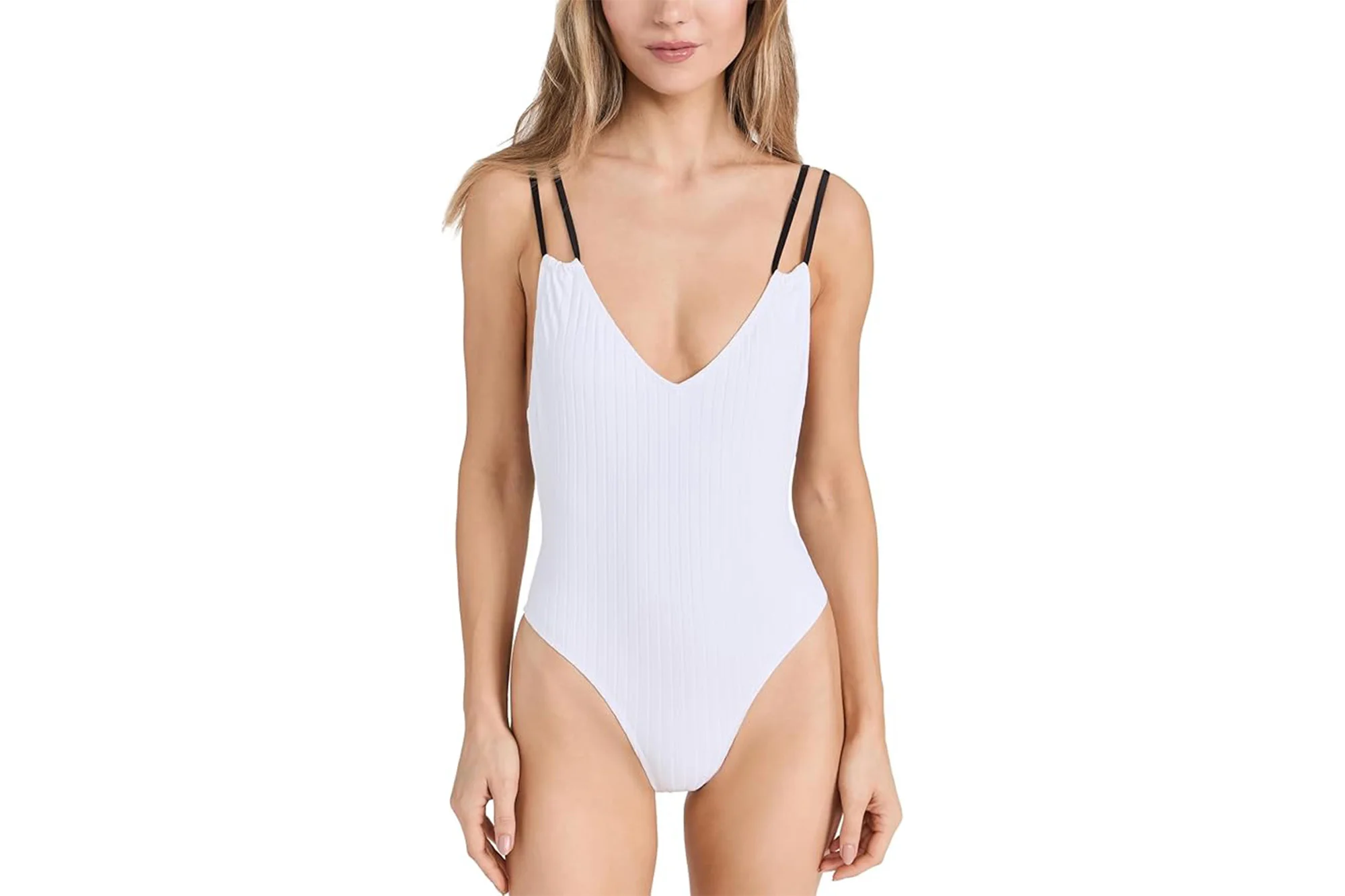 A model in a one-piece swimsuit