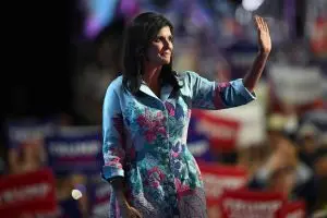 MILWAUKEE, WISCONSIN - JULY 16: Former U.N. Ambassador and Republican presidential candidate Nikki Haley waves to the crowd after speaking on stage on the second day of the Republican National Convention at the Fiserv Forum on July 16, 2024 in Milwaukee, Wisconsin. Delegates, politicians, and the Republican faithful are in Milwaukee for the annual convention, concluding with former President Donald Trump accepting his party's presidential nomination. The RNC takes place from July 15-18. (Photo by Leon Neal/Getty Images)