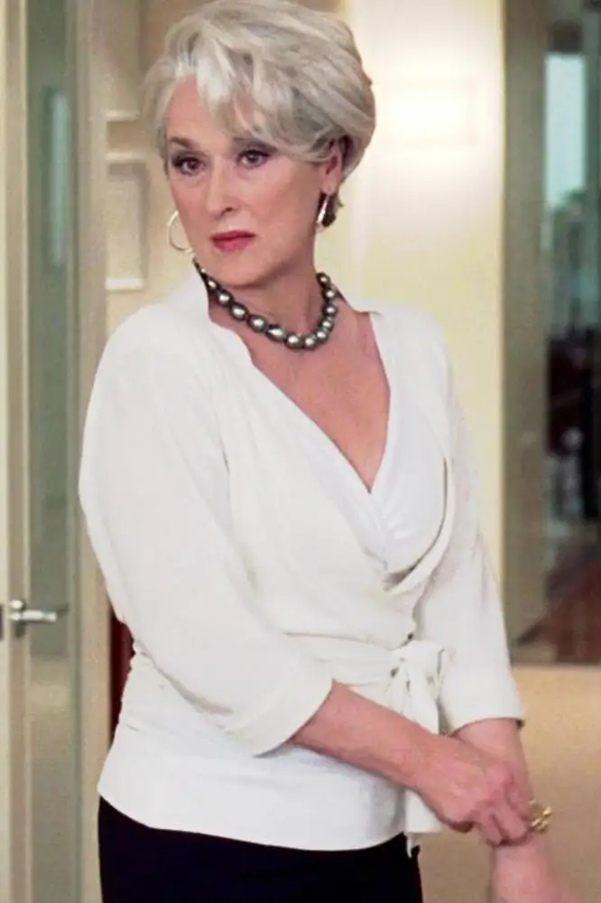 Miranda Priestly's white tied blouse is elegant while being work-appropriate