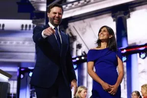 MILWAUKEE, WISCONSIN - JULY 17: Republican vice presidential candidate, U.S. Sen. J.D. Vance (R-OH) is joined by his wife Usha Chilukuri Vance on stage on the third day of the Republican National Convention at the Fiserv Forum on July 17, 2024 in Milwaukee, Wisconsin. Delegates, politicians, and the Republican faithful are in Milwaukee for the annual convention, concluding with former President Donald Trump accepting his party's presidential nomination. The RNC takes place from July 15-18. (Photo by Joe Raedle/Getty Images)