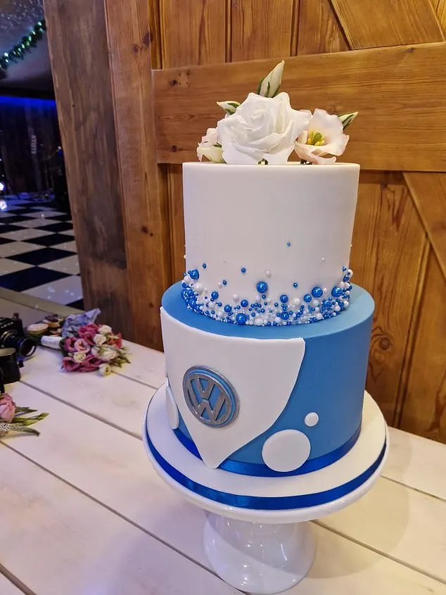 The blue and white Volkswagen camper van cake the couple had on their wedding day