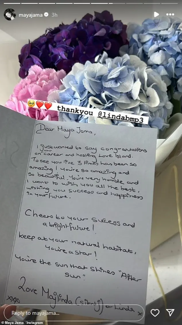 The former Celebrity Juice star then shared a picture of flowers and a card that had been sent to her dressing room