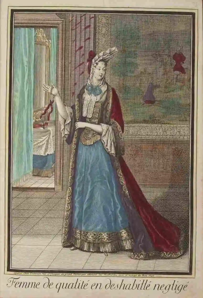 17th-century print of woman in lounge wear