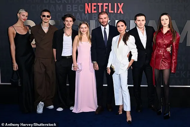 Mia Regan, Romeo Beckham, Cruz Beckham, Harper Beckham, David Beckham, Victoria Beckham, Brooklyn Beckham and Nicola Peltz Beckham at the BECKHAM premiere