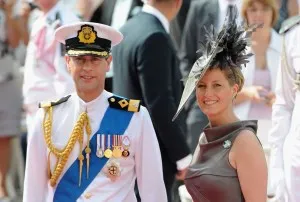 MONACO - JULY 02: Prince Edward, Earl of Wessex and Sophie Countess of Wessex attend the religious ceremony of the Royal Wedding of Prince Albert II of Monaco to Princess Charlene of Monaco in the main courtyard at the Prince's Palace on July 2, 2011 in Monaco. The Roman-Catholic ceremony follows the civil wedding which was held in the Throne Room of the Prince's Palace of Monaco on July 1. With her marriage to the head of state of the Principality of Monaco, Charlene Wittstock has become Princess consort of Monaco and gains the title, Princess Charlene of Monaco. Celebrations including concerts and firework displays are being held across several days, attended by a guest list of global celebrities and heads of state. (Photo by Venturelli/WireImage)