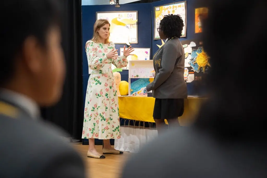 Princess Beatrice, patron of the British Skin Foundation, meeting Year 5 pupils who have created sun safety posters to highlight the importance of protecting your skin from potential skin cancers in later life, during a visit to St Mary's and St John's primary school in north west London. Picture date: Tuesday July 23, 2024. (Photo by James Manning/PA Images via Getty Images)