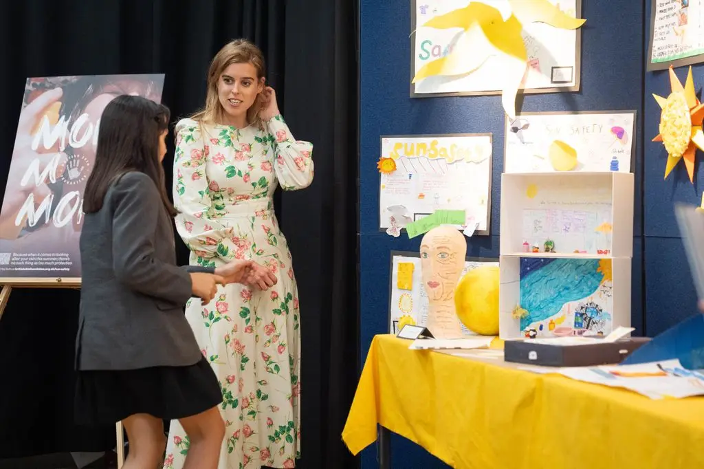 Princess Beatrice, patron of the British Skin Foundation, meeting Year 5 pupils who have created sun safety posters to highlight the importance of protecting your skin from potential skin cancers in later life