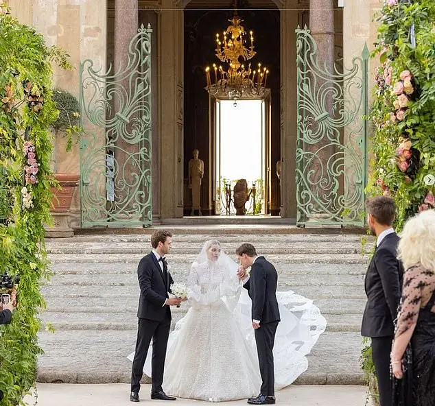 The bride was escorted down the aisle by her brother Louis Spencer, Viscount Althorp, and half-brother Samuel Aitken