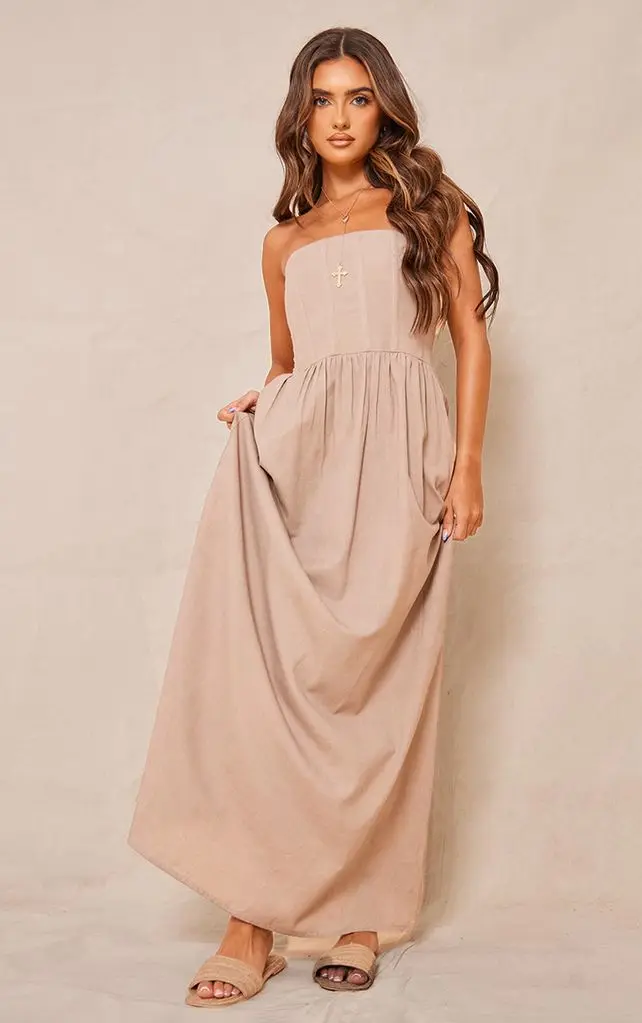 Stone Linen Look Corset Bandeau Maxi Dress