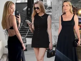 a collage of three photos of fashion editor Kristen Nichols wearing different chic black dress outfit ideas