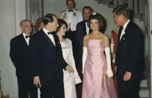 386620 14: The President and Mrs. Kennedy attend a dinner May 11, 1962 in honor of Minister of State for Cultural Affairs of France, Andre Malroux, left. (Photo courtesy of Kennedy Library Archives/Newsmakers)