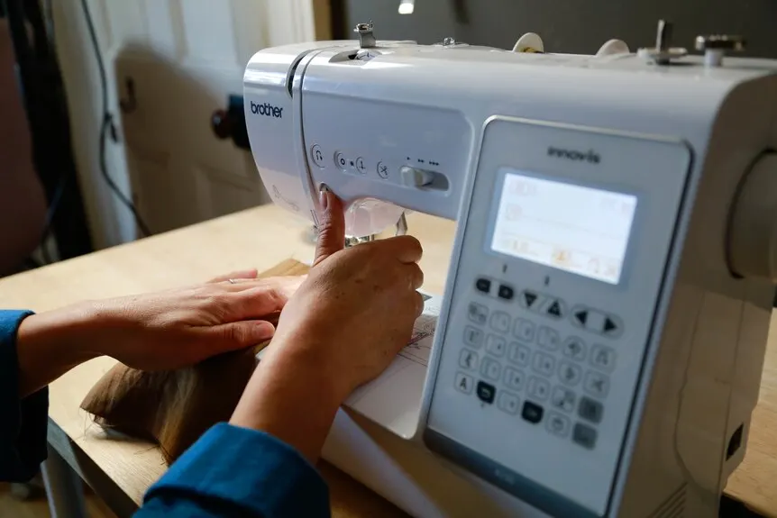 A hand feeds a piece of brown fabric through a sewing machine.