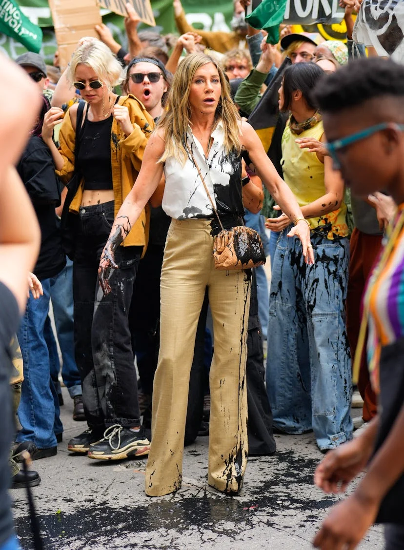 Jennifer Aniston is seen on the set of 'The Morning Show' on July 28, 2024 in New York City.