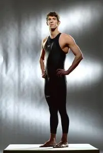 Michael Phelps models the now-banned Speedo LZR Racer ahead of the 2008 Beijing Olympics, swimwear, swimming, sports, bodysuit