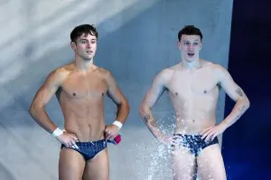 PARIS, FRANCE - JULY 29: Thomas Daley and Noah Williams of Team Great Britain look on after competing in the Men‚Äôs Synchronised 10m Platform Final on day three of the Olympic Games Paris 2024 at Aquatics Centre on July 29, 2024 in Paris, France. (Photo by Clive Rose/Getty Images)