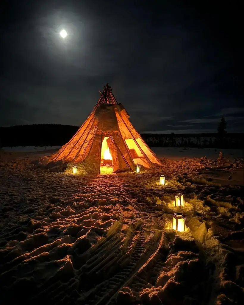 Chloe Kelly's teepee at night where she celebrated her engagement