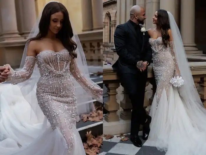 A side-by-side of a bride walking down a staircase and the same bride looking at her groom.